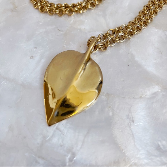 Gold Tone Rolo Chain Long Leaf Pendant Necklace - Picture 5 of 12